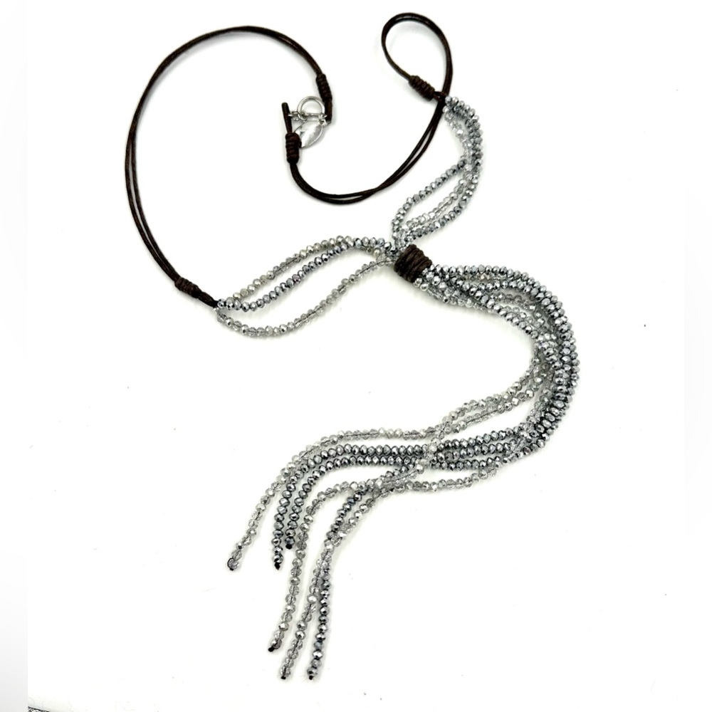 Jamie Rocks NYC Necklace Long Brown Leather & Silver Faceted Crystal Beaded